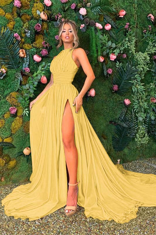 Sleeveless High Waist Royal Blue A Line Long Prom Dress With Front Split