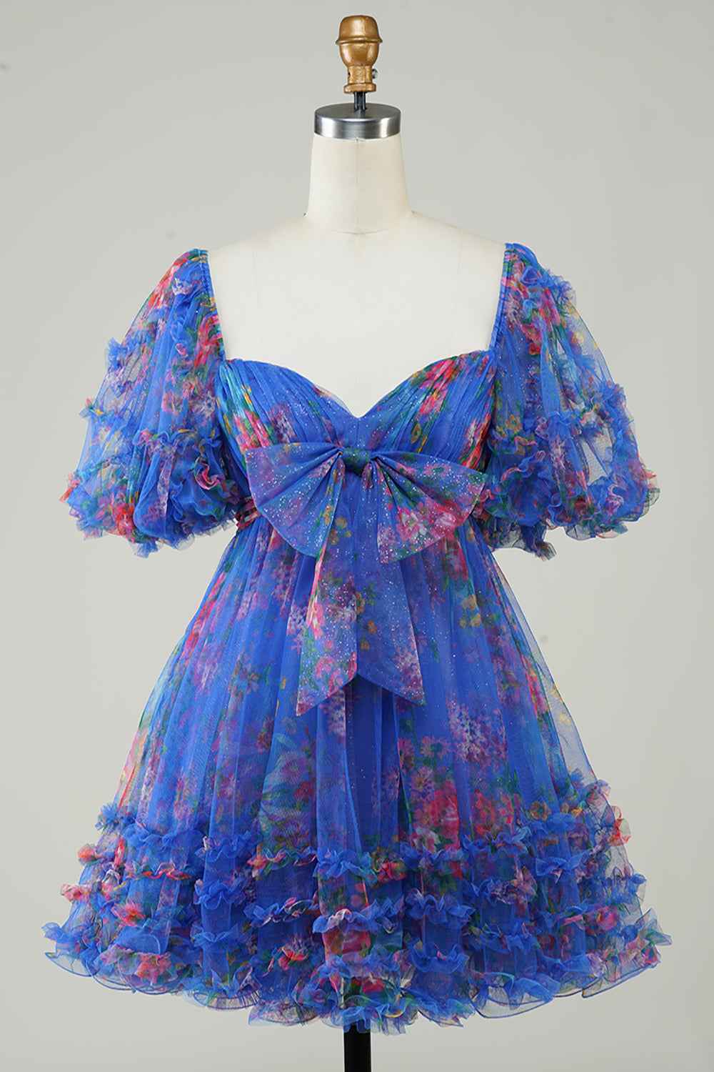 Ivory Puff Sleeves A-Line Floral Short Homecoming Dress with Ruffles Bmbride