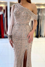 Long Sleeves Mermaid Prom Dress with Split, Beadings BM bride