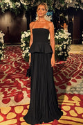 Black Sleeveless Strapless Long Prom Dress With Pleated Ruffles