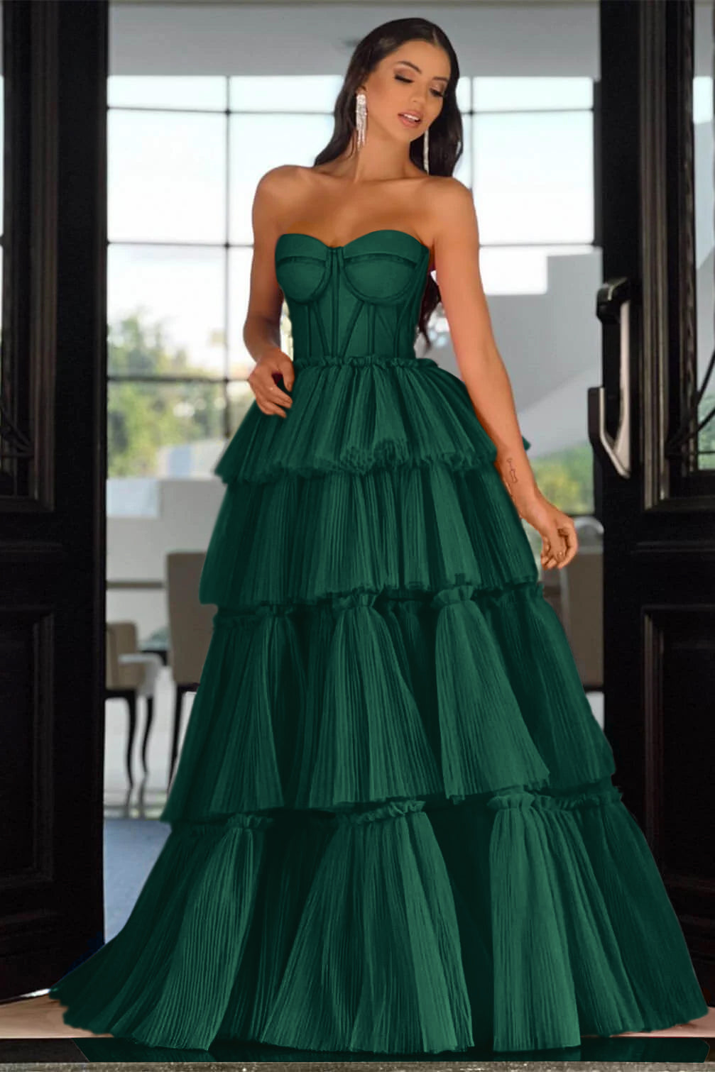 Elegant Sweetheart Strapless Prom Dress Long Sleeveless Layers Hot Pink BMBRIDE