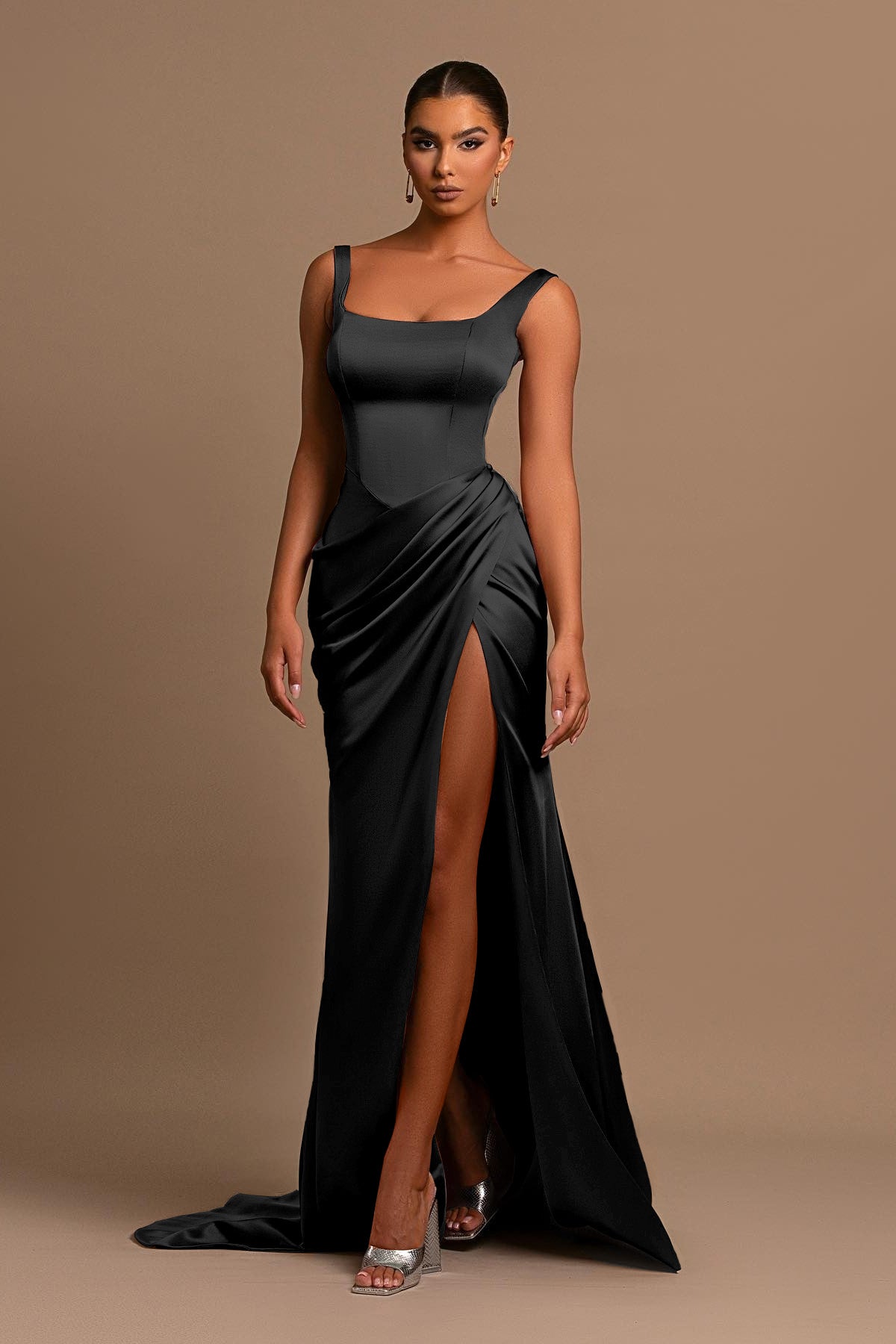 Dusty Rose Spaghetti Strap Square Neck Sleeveless Mermaid Prom Dress With Split BMBRIDE