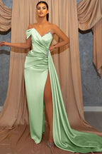 One-Shoulder V-Neck Spaghetti-Strap Beaded Mermaid Prom Dress with Ruffles and Slit BM bride