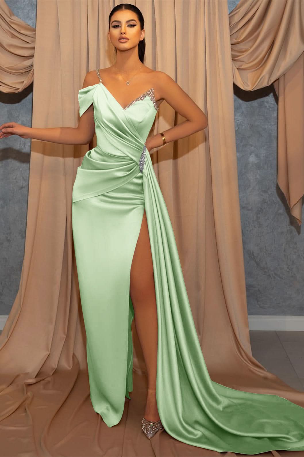 One-Shoulder V-Neck Spaghetti-Strap Beaded Mermaid Prom Dress with Ruffles and Slit BM bride