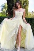Daffodil Spaghetti Strap Lace Appliques Long Prom Dress With High Split