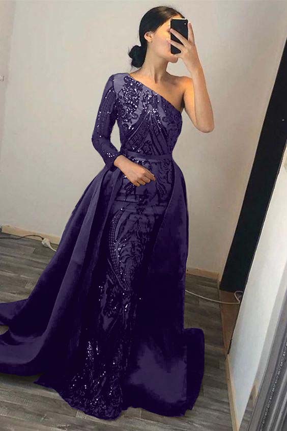 Dark Green Overskirt One Shoulder Long Sleeve Mermaid Prom Dress With Sequins BMBRIDE