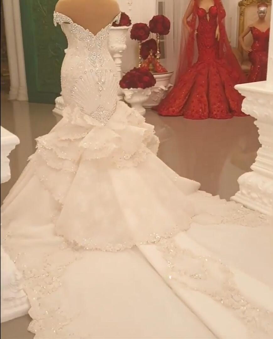 Off-the-Shoulder Floor-Length Backless Mermaid Wedding Dress with Crystal BM bride