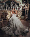 Gorgeous Long A-Line V-Neck Wedding Dress with 3D Floral Lace BM bride