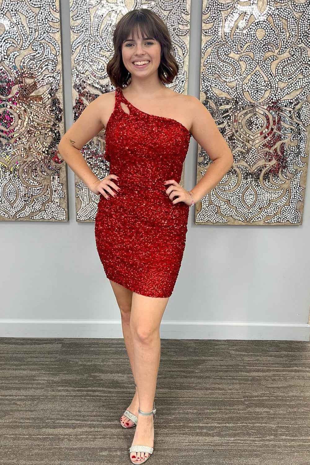 Orange Open Back One Shoulder Sequins Tight Homecoming Dress Bmbride