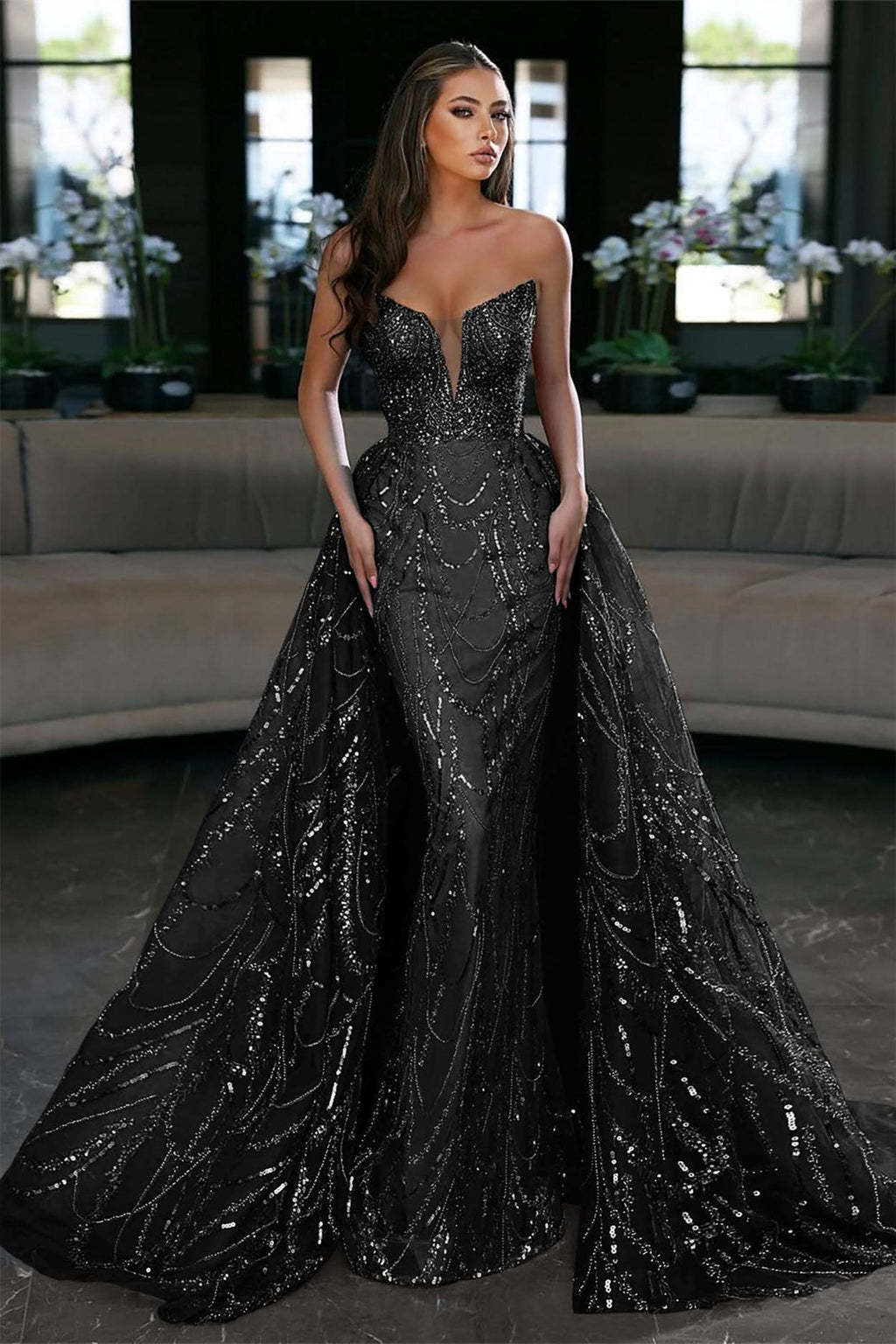 Glamorous Royal Blue Sleeveless Strapless Long Evening Dress Prom Dress with Sequins BM bride