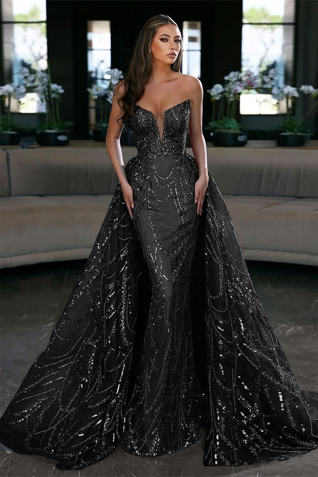 Glamorous Royal Blue Sleeveless Strapless Long Evening Dress Prom Dress with Sequins BM bride