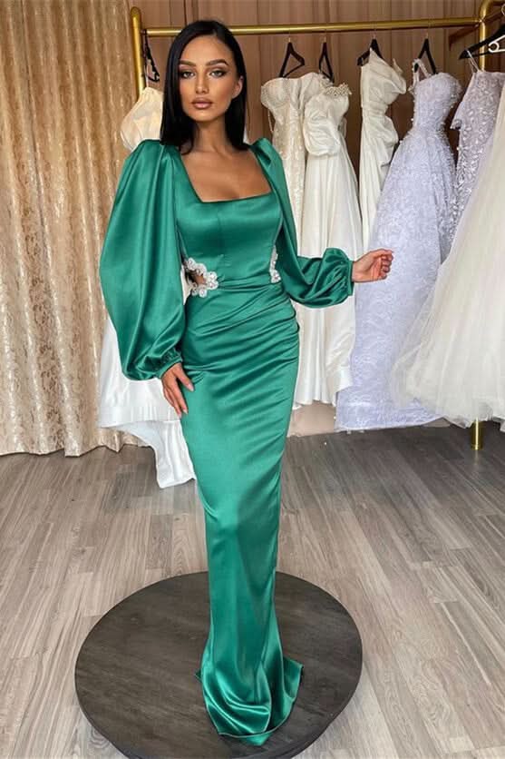 Gorgeous Green Long Sleeve Square Neck Evening Dress with Rhinestone Hollow Design BM bride