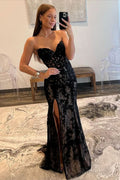 Striking Mermaid Strapless Lace Prom Dress with a Stunning Slit BM bride