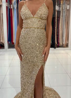 Gold Sequins Mermaid Prom Dress with Slit BM bride