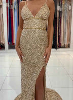 Gold Deep V Neck Sleeveless Mermaid Long Prom Dress Sequins With Side Split