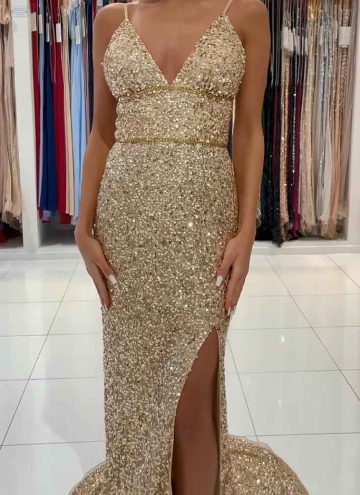 Gold Deep V Neck Sleeveless Mermaid Long Prom Dress Sequins With Side Split