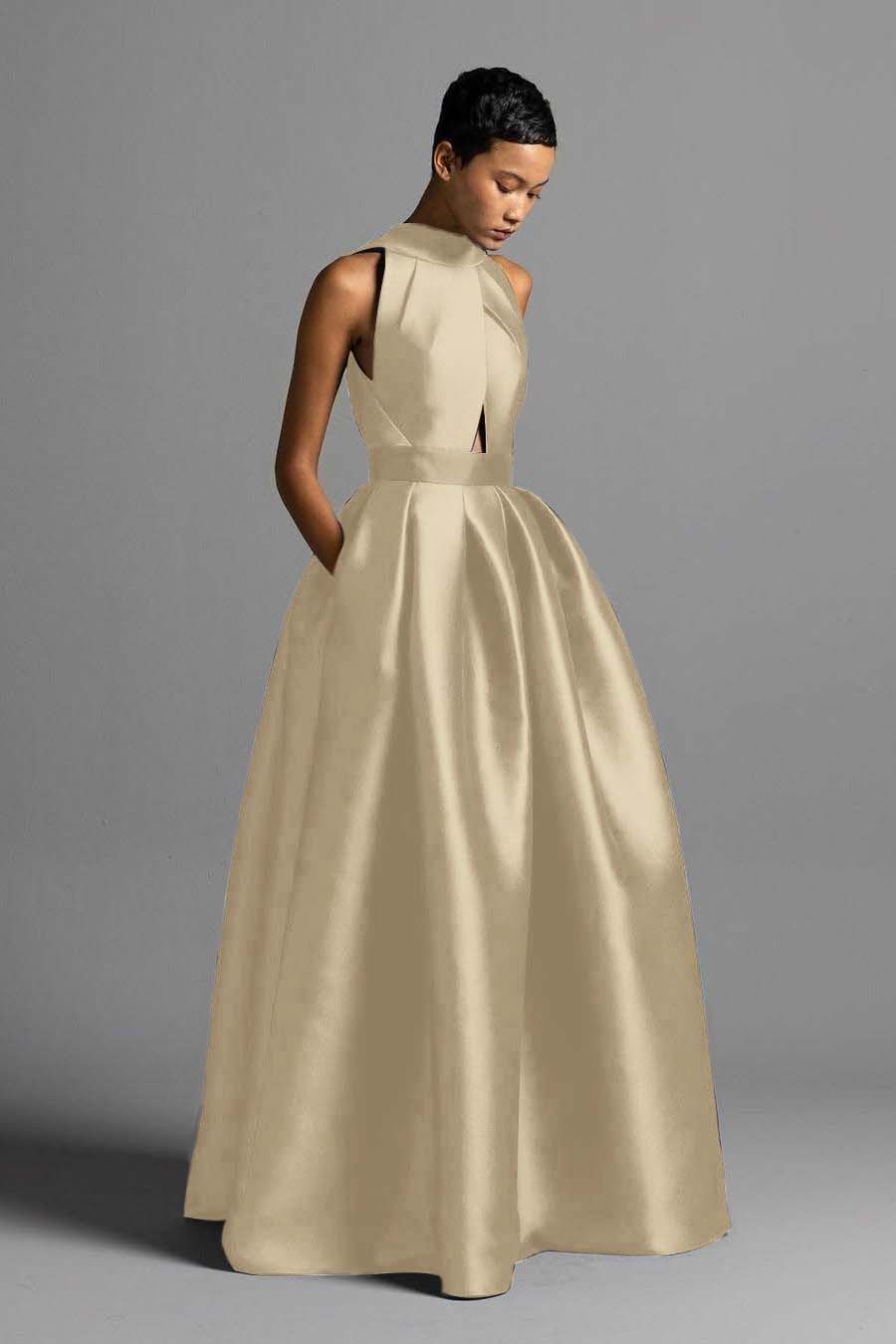 Halter Sleeveless High Waist Long Prom Dress With Pocket Pleated BMBRIDE