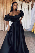 Black Off the Shoulder Bubble Sleeves Long Prom Dress A Line