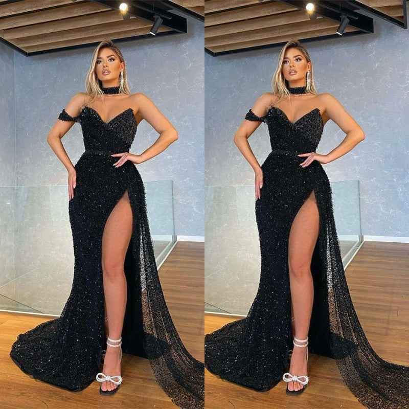 Mermaid One Shoulder Black Sweetheart Sequins Prom Dress With High Split