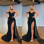 Mermaid One Shoulder Black Sweetheart Sequins Prom Dress With High Split