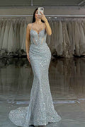 Spaghetti Strap Sleeveless Long Mermaid Prom Dress With Sequins
