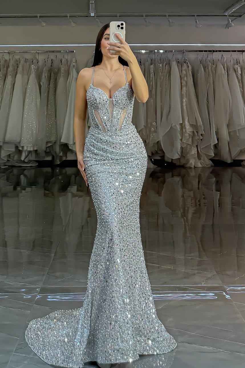 Spaghetti Strap Sleeveless Long Mermaid Prom Dress With Sequins