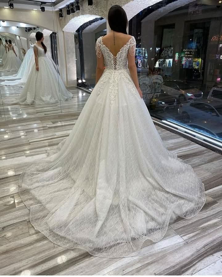 A-Line Wedding Dress Sweetheart Backless With Train Sequins Appliques Lace BM bride