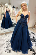 Beautiful Navy Blue Straps Plunging V Floral Beaded Long Prom Dress BM bride