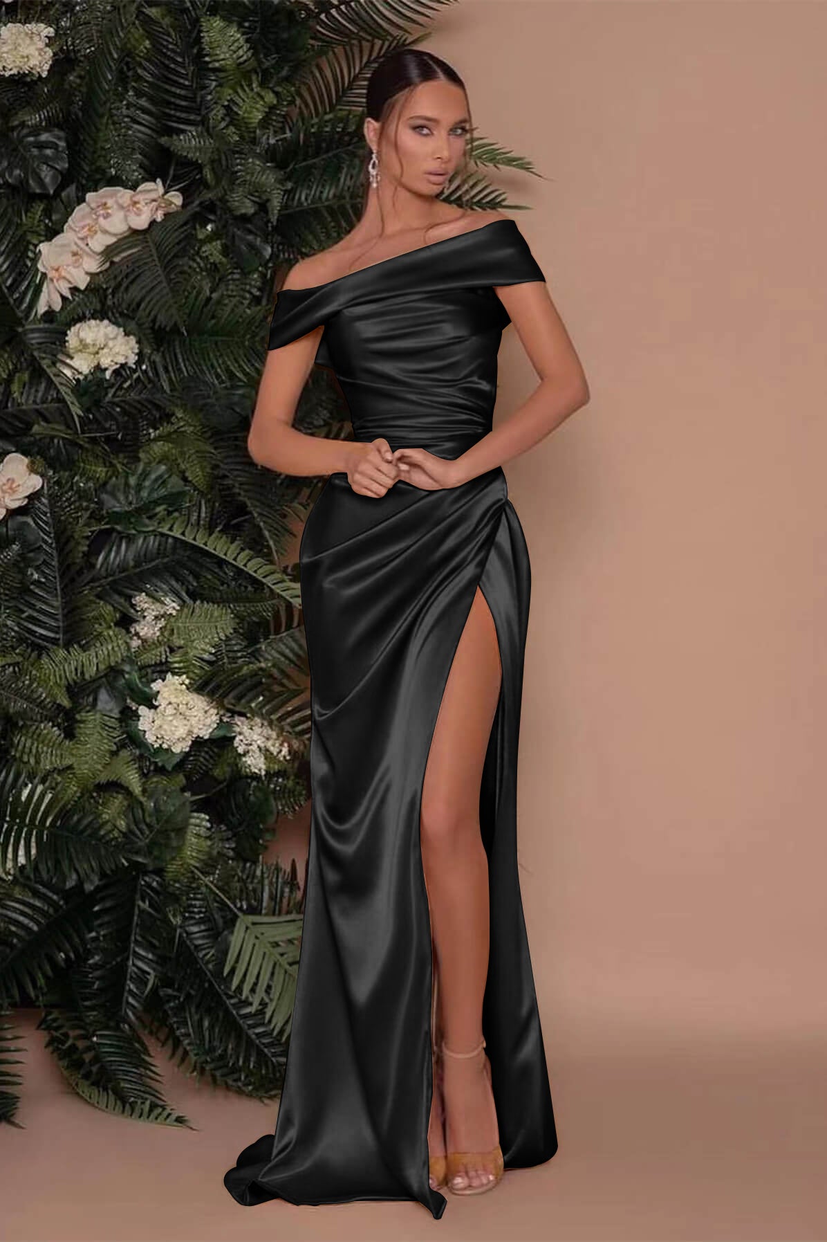 Champagne Off-The-Shoulder Charmeuse Prom Dress with Split Mermaid BM bride