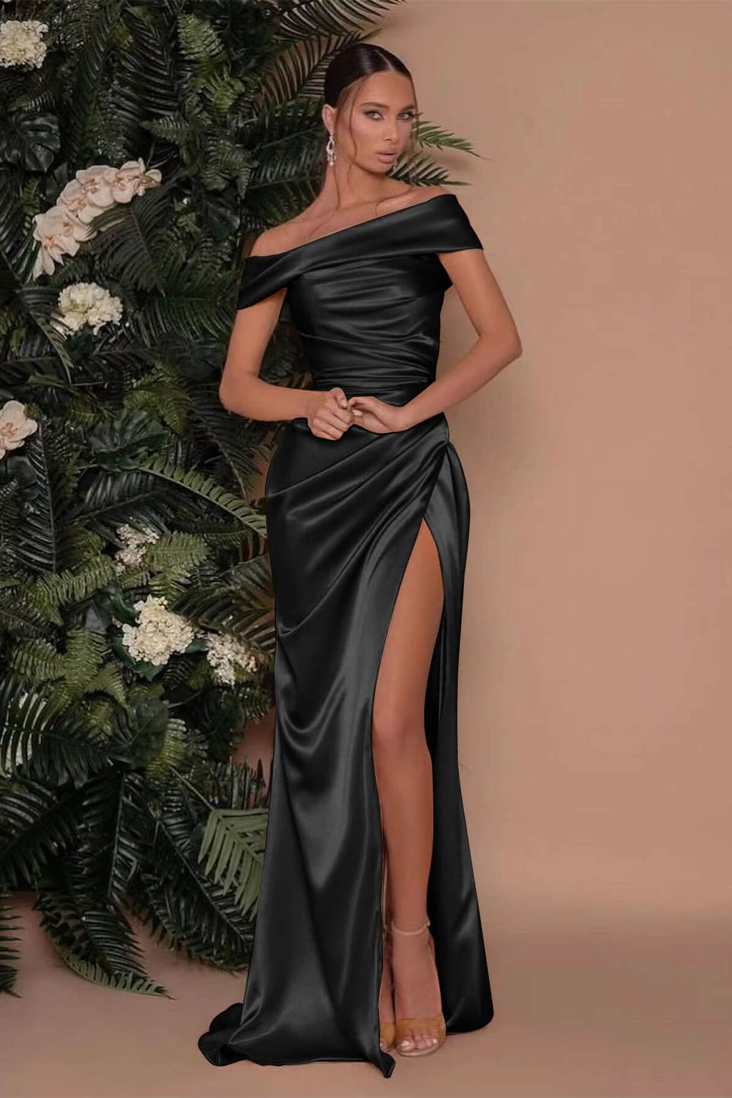 Champagne Off-The-Shoulder Charmeuse Prom Dress with Split Mermaid BM bride