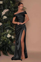 Champagne Off-The-Shoulder Charmeuse Prom Dress with Split Mermaid BM bride