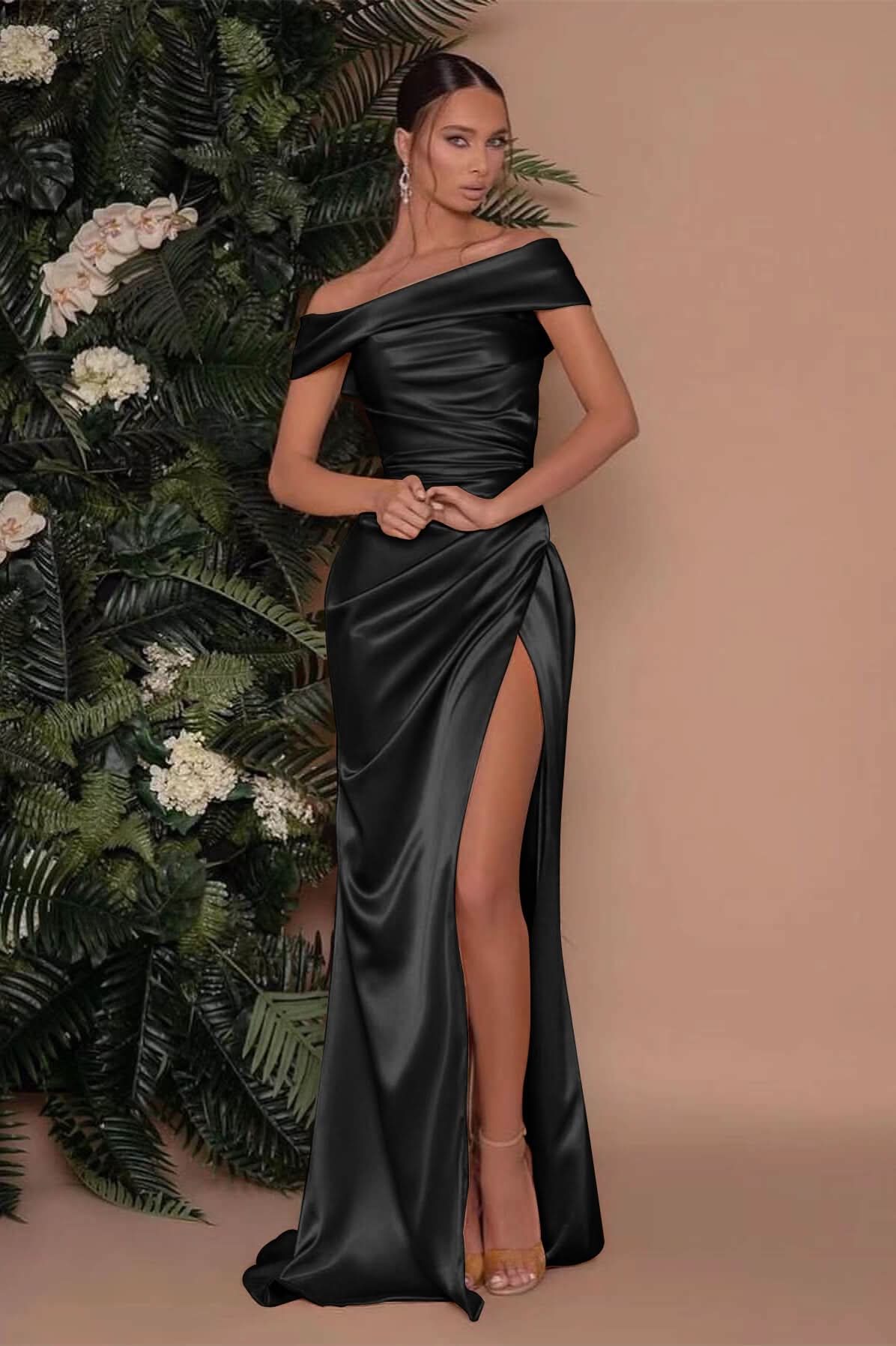 Champagne Off-The-Shoulder Charmeuse Prom Dress with Split Mermaid BM bride