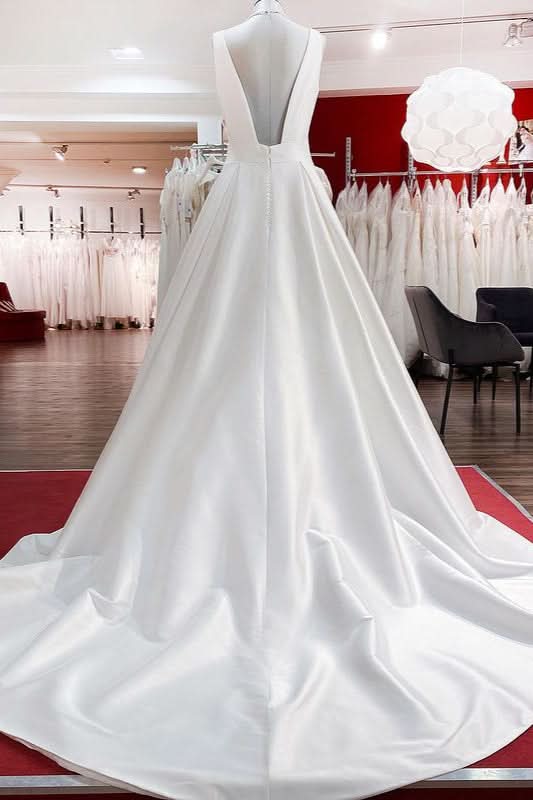 Long A-Line V-Neck Satin Open Back Wedding Dress with Ruffles BM bride
