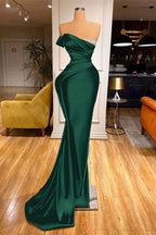 Long Red One Shoulder Strapless Prom Dress Pleated Mermaid With Beadings