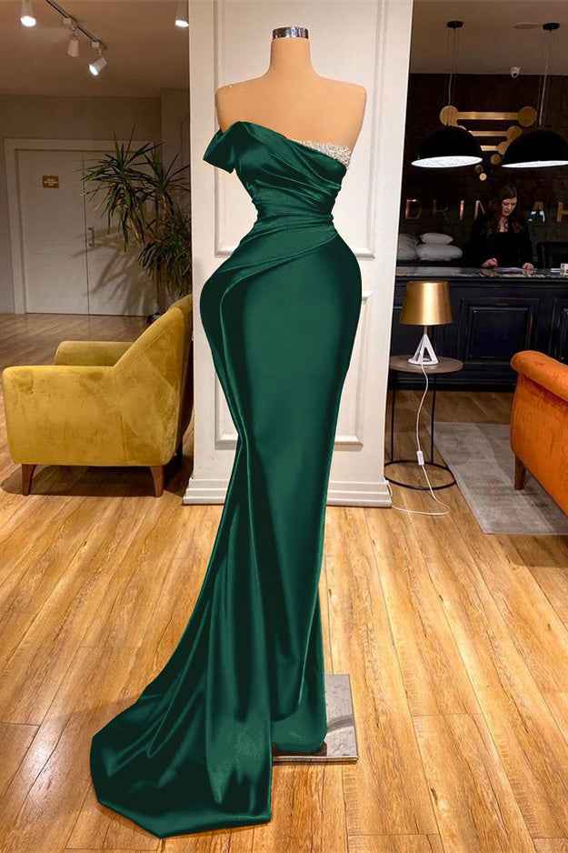 Long Red One Shoulder Strapless Prom Dress Pleated Mermaid With Beadings