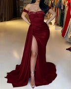 Red Split Mermaid Off-The-Shoulder Beadings Sweetheart Evening Dress Long with Ruffles BM bride