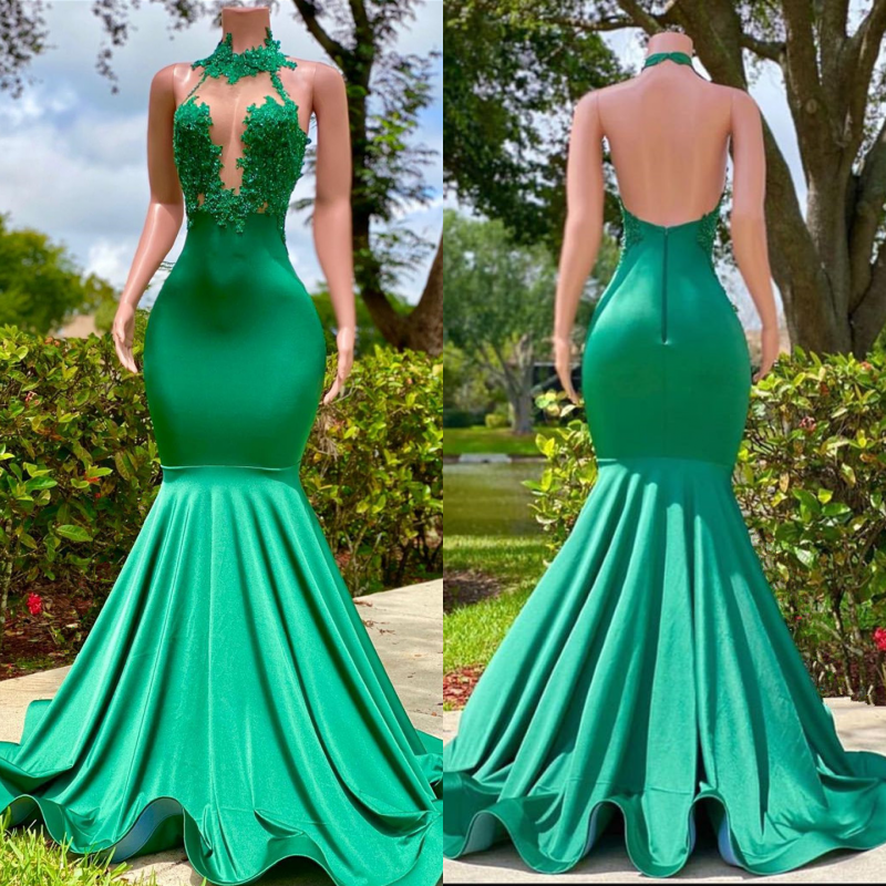 Green Halter Open Back Mermaid Prom Dress with Appliques BM bride