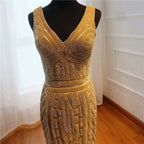 Gold Sequin Mermaid Prom Dress, V-Neck, Long Sleeveless BM bride