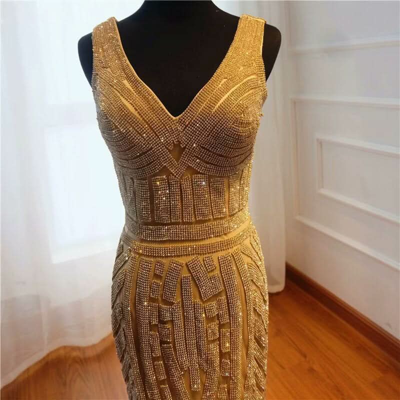 Gold Sequin Mermaid Prom Dress, V-Neck, Long Sleeveless BM bride