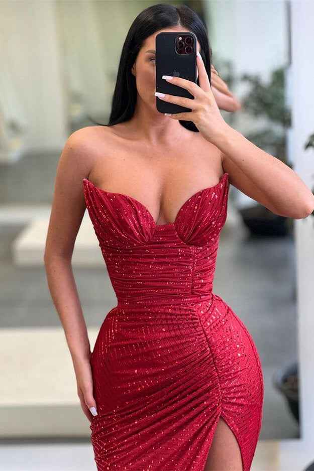 Burgundy Sequins Long Strapless Sleeveless Mermaid Prom Dress With Split