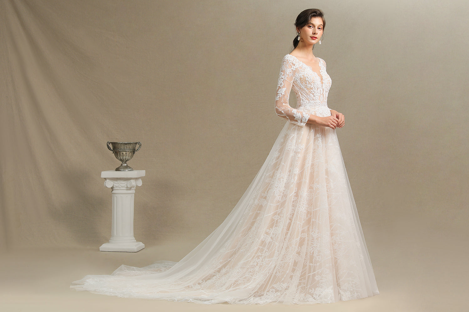 Sheer Long Sleeve A-Line Illusion Tulle Wedding Dress with Lace BM bride