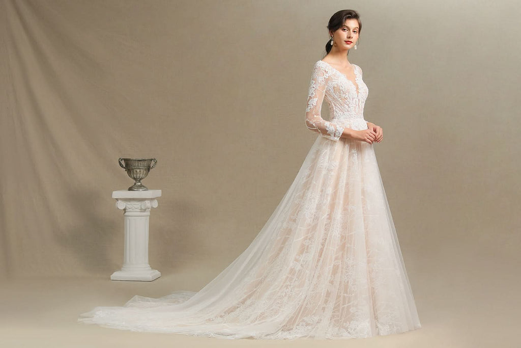 Sheer Long Sleeve A-Line Illusion Tulle Wedding Dress with Lace BM bride