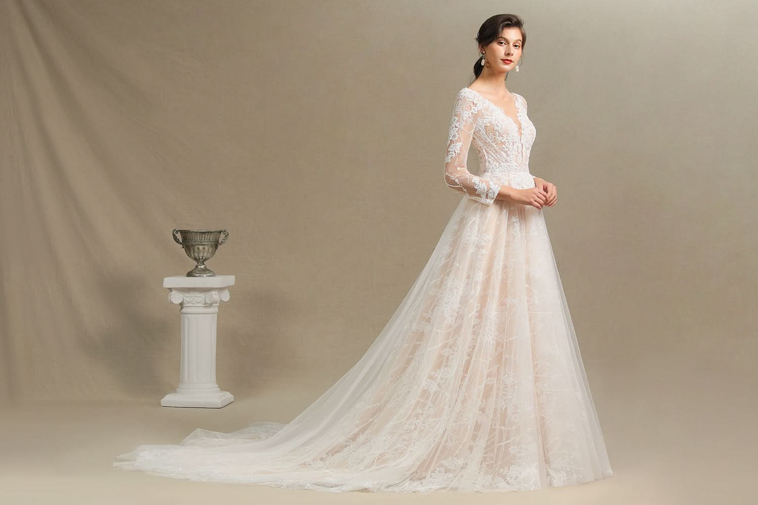 Sheer Long Sleeve A-Line Illusion Tulle Wedding Dress with Lace BM bride