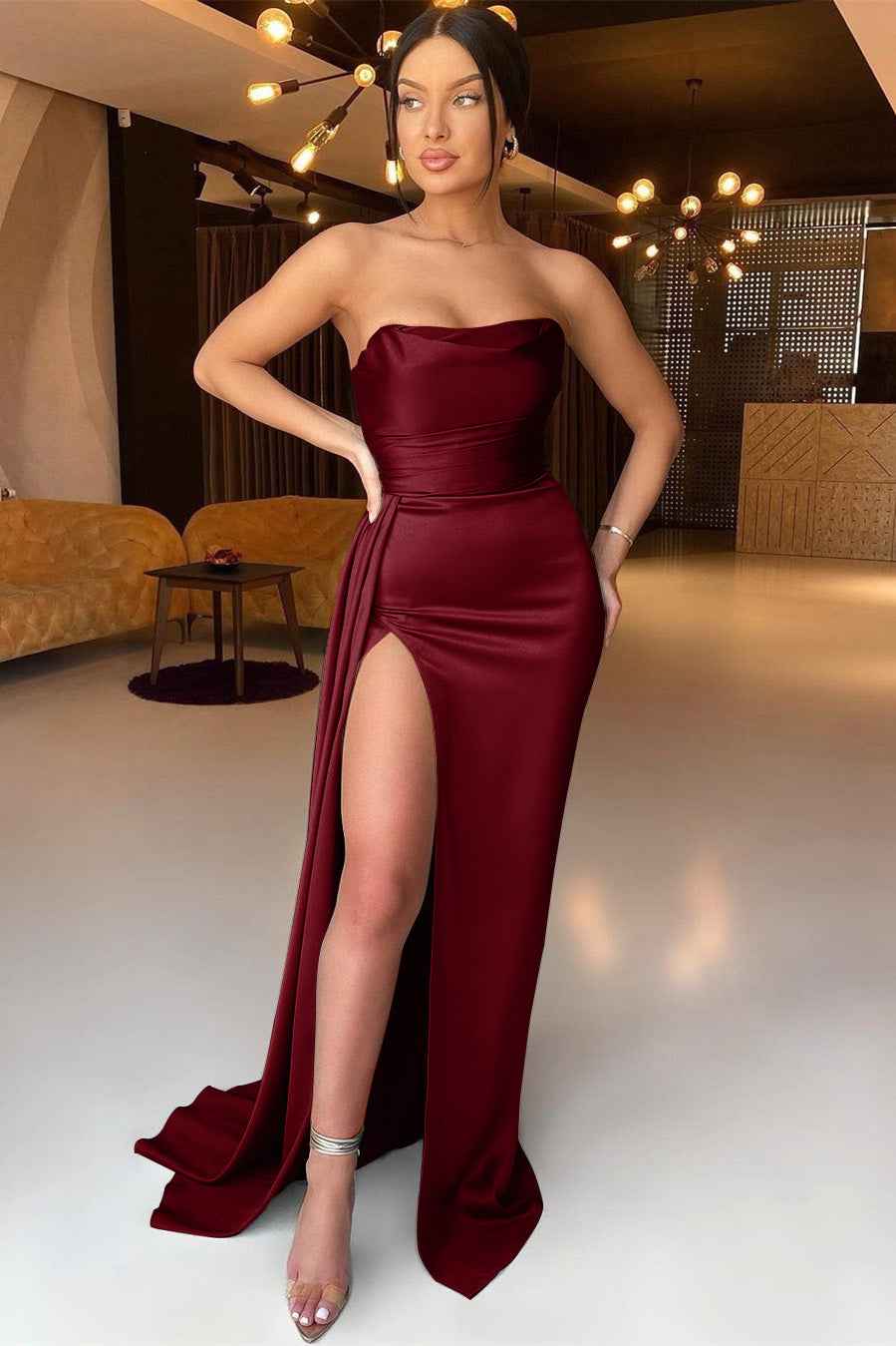 Dusty Sage Sleeveless Mermaid Strapless Prom Dress Elegant Split With Ruffles