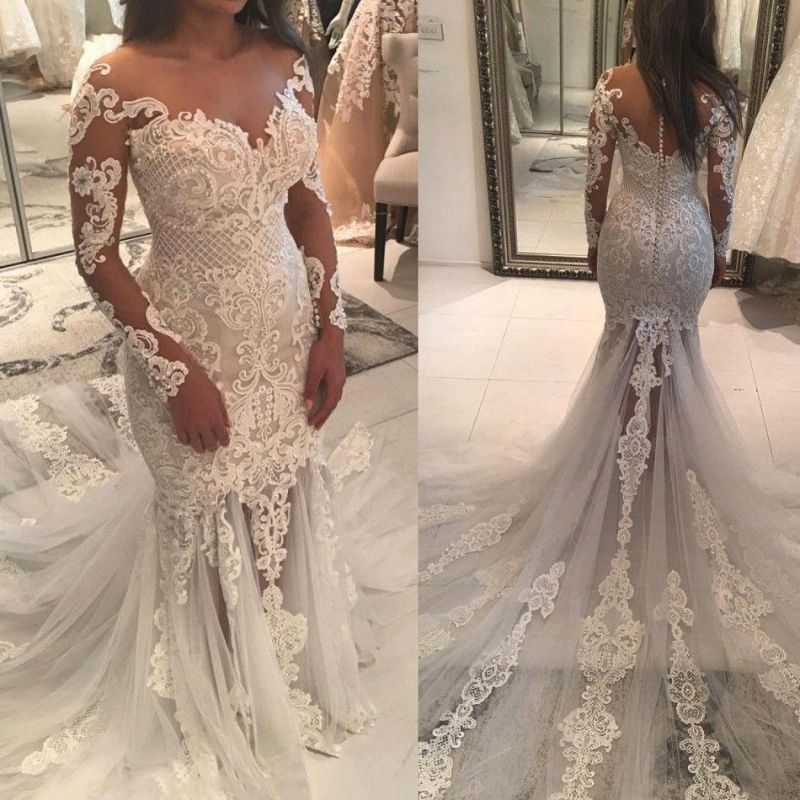 Long Sleeve Off-the-Shoulder Beaded Mermaid Wedding Dress with Lace Appliques BM bride