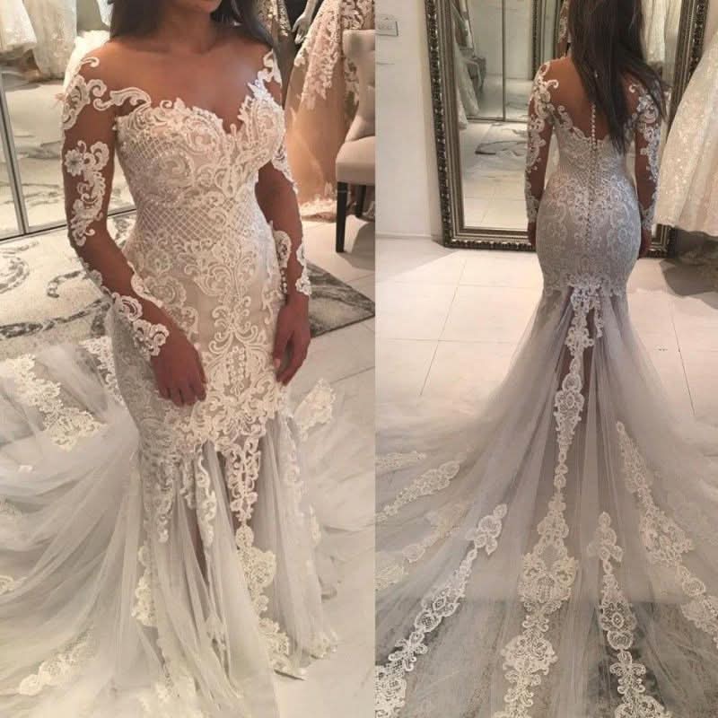 Long Sleeve Off-the-Shoulder Beaded Mermaid Wedding Dress with Lace Appliques BM bride