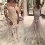 Long Sleeve Off-the-Shoulder Beaded Mermaid Wedding Dress with Lace Appliques BM bride