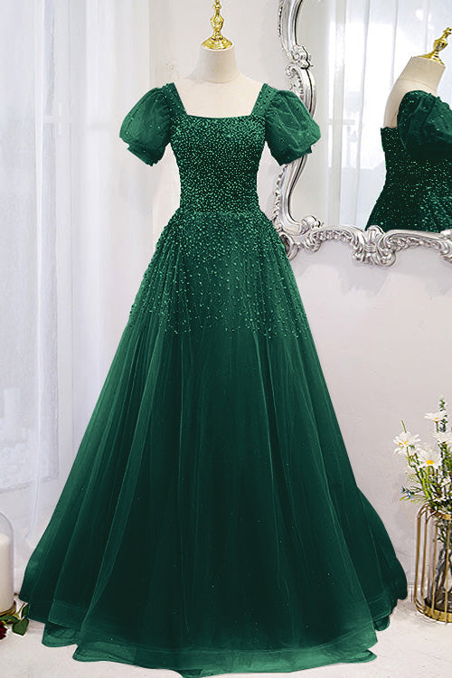 Chic Lace Up Prom Dress Beadings A Line Short Sleeves With Square Online BMBRIDE