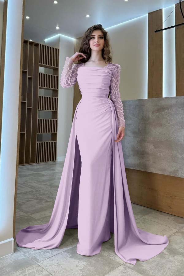 Long Sleeves Square Neck Long Mermaid Prom Dress With Pleated BMBRIDE