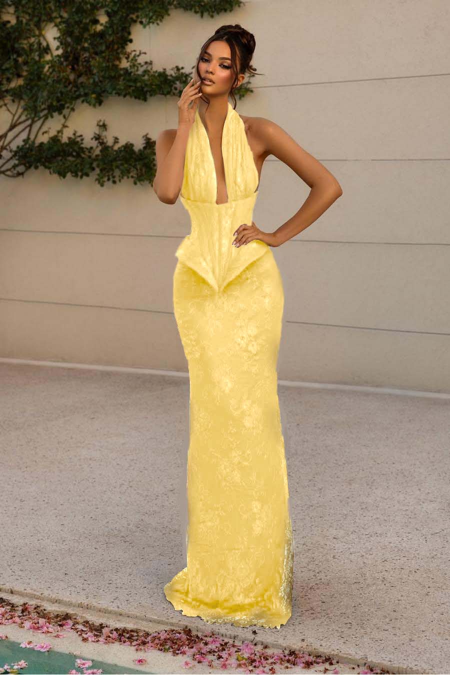 Halter Sleeveless Long Mermaid Prom Dress With Lace Appliques BMBRIDE